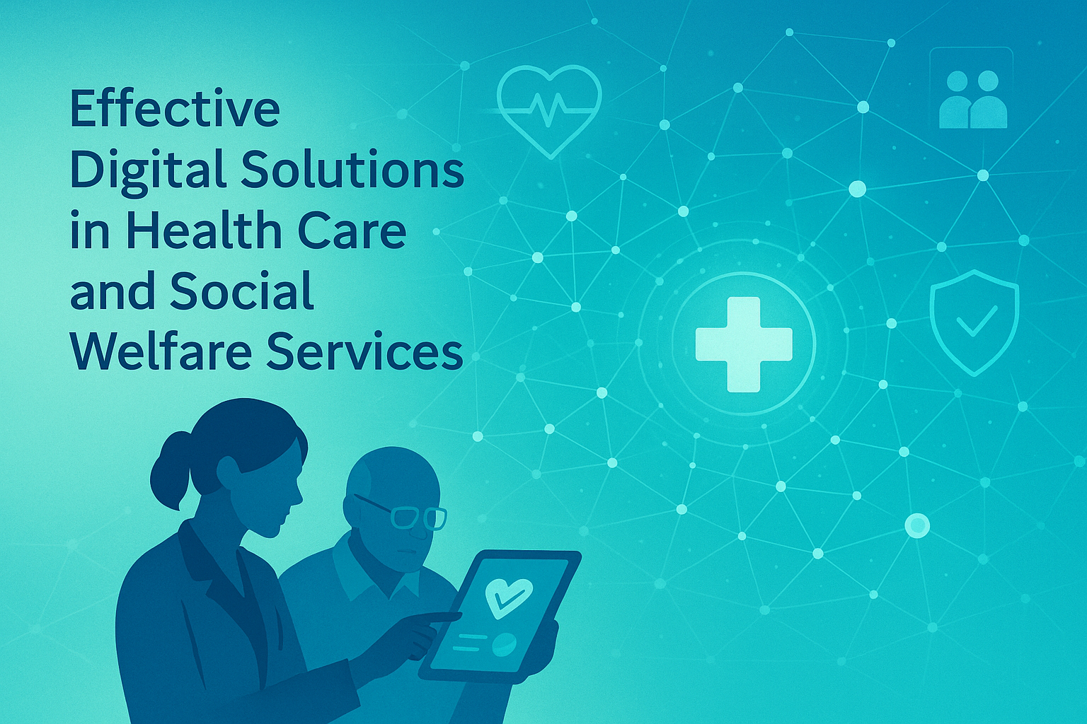 liukuväritaustalla konferenssin teeman otsikko, kaksi ihmishahmoa tarkastelemassa tablet-tietokonetta